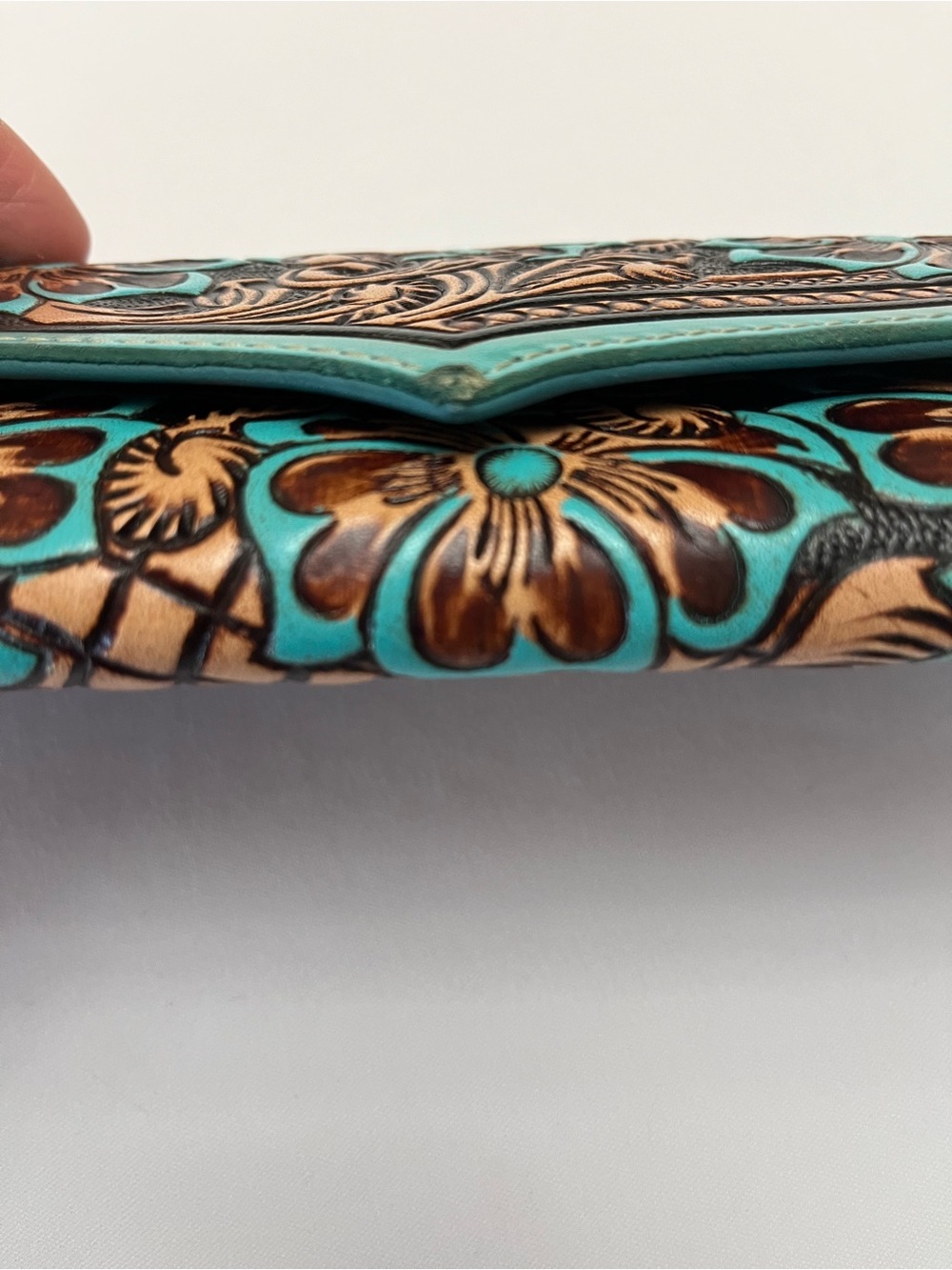 Myra Flower Crest Tooled Leather Wallet Floral Embossed With Turquose Accents - Picture 7 of 10